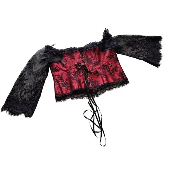 Gothic Red & Black Lace Off-Shoulder Corset Top Bell Sleeves Bustier Blouse 7XL - Picture 2 of 12